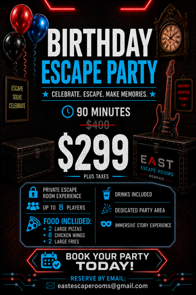 Birthday escape party flyer with balloons, a clock, and chests. Main offer: 90 minutes for $299. Details include private experience, food, drinks, party area, and booking info at eastescaperooms@gmail.com.