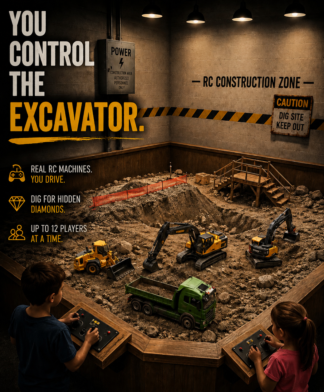 Two children use controllers to operate remote-controlled excavators and trucks in a large, realistic indoor construction-themed play zone with warning signs and construction decor.