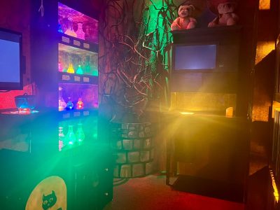 A dimly lit room with colorful potion bottles on shelves, twisted vines on the wall, two teddy bears above a dark display, glowing lights, and a fantasy-themed, whimsical atmosphere.